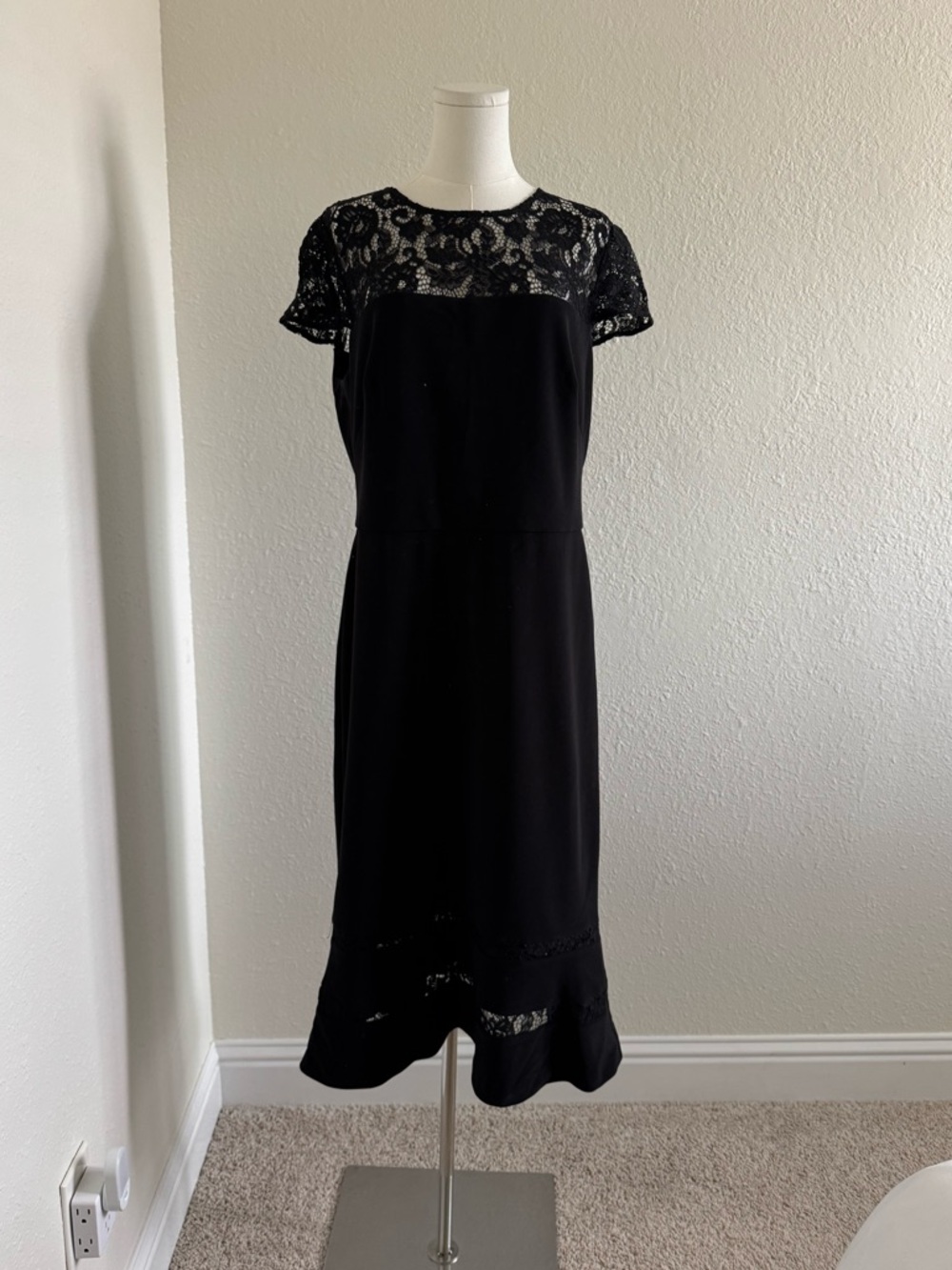 Lauren Ralph Lauren Black Lace Trim Georgette Cocktail Dress Size 14